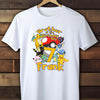 White t-shirt with colorful graphics and text on a wooden background