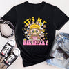 Caramel Crunch Labubu birthday party t-shirt featuring monster character design with balloon and gift details.