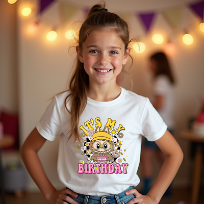 Labubu-inspired t-shirt in “Caramel Crunch” colour theme, perfect for kids' birthdays and character lovers.