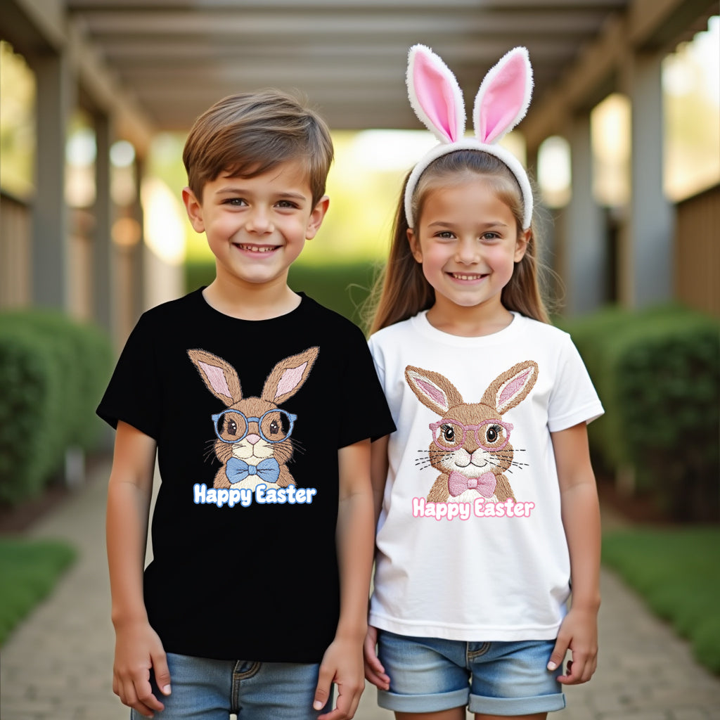 Two children wearing 'Happy Easter' t-shirts with bunny designs outdoors.