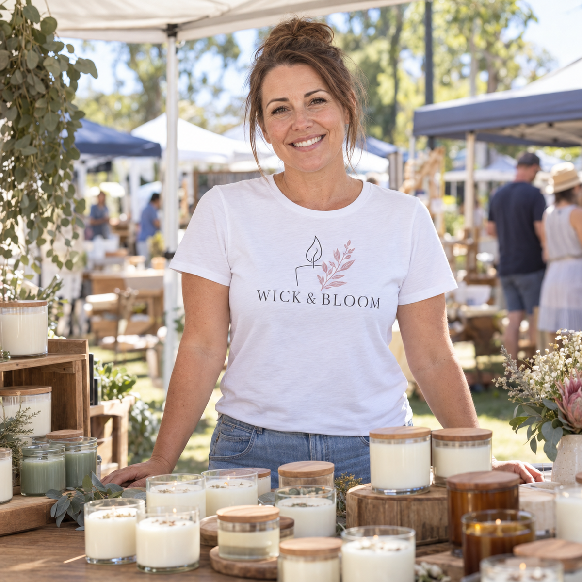 A smiling woman stands at an outdoor market booth wearing a white WICK & BLOOM t-shirt. In front of her are glass jars and wooden-lidded candles on a wooden table, with other market stalls and trees blurred in the background.