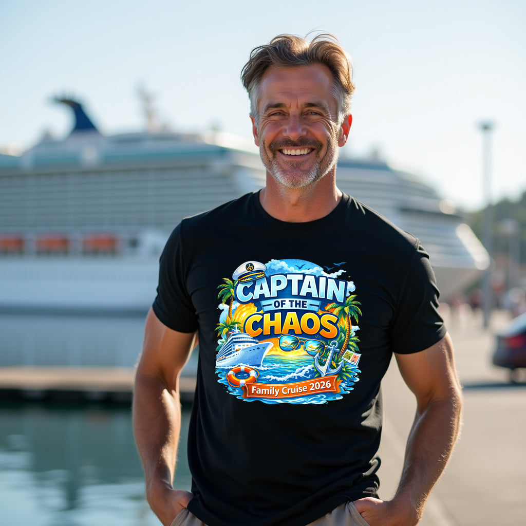 Man wearing a black t-shirt with 'Captain of the Chaos' design, standing in front of a cruise ship.