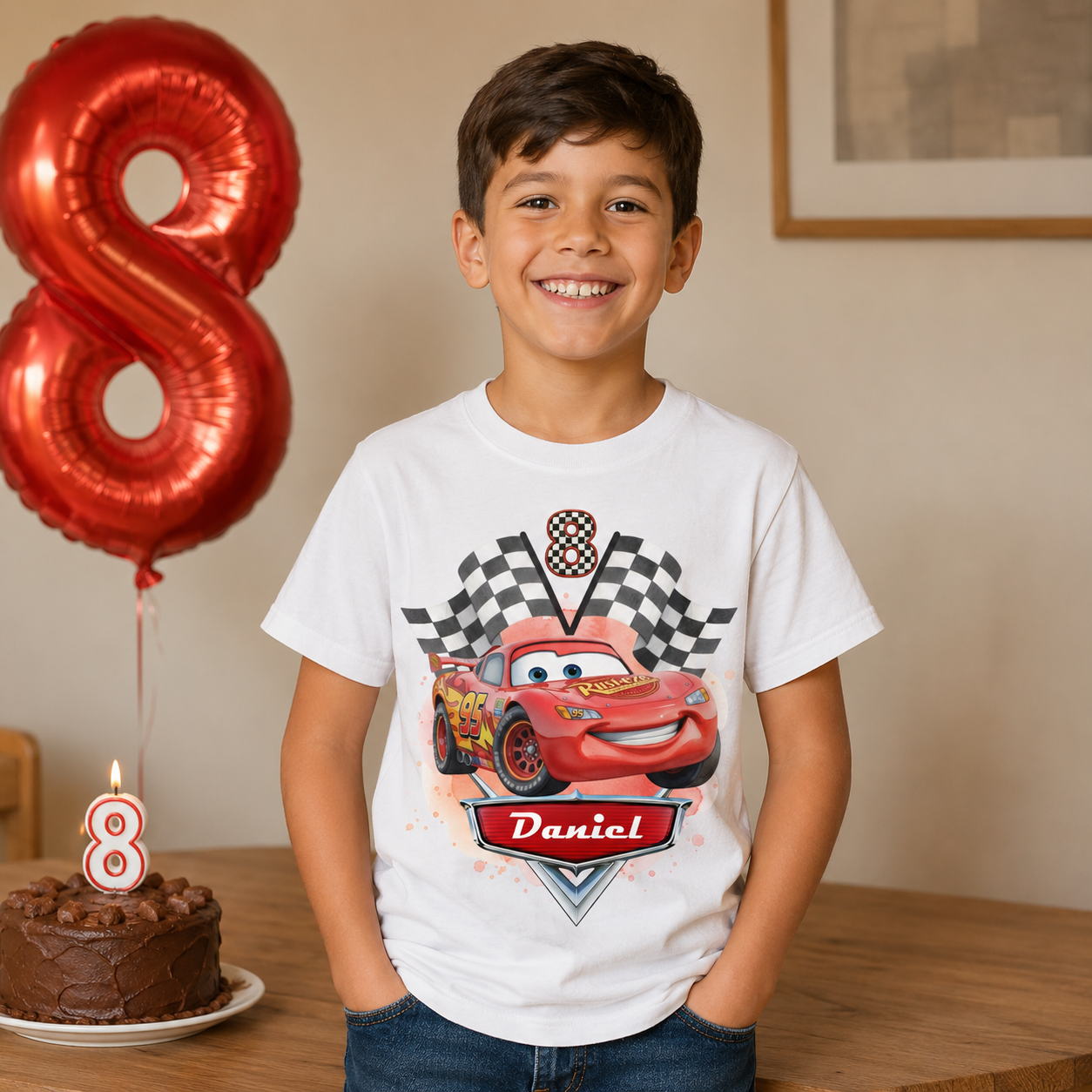 Child wearing a white t-shirt with a car design, standing next to a birthday cake and number 8 balloon.