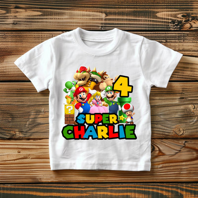Flat lay of Super Mario birthday t-shirt showing customization options and bright design