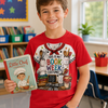 A smiling young boy stands in a classroom holding a cookbook, wearing a bright red graphic T-shirt that reads 'This is my Book Week Costume!' with a chef costume design printed on the front.