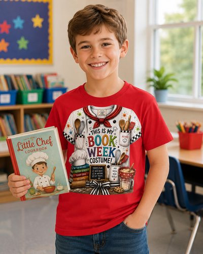 A smiling young boy stands in a classroom holding a cookbook, wearing a bright red graphic T-shirt that reads 'This is my Book Week Costume!' with a chef costume design printed on the front.