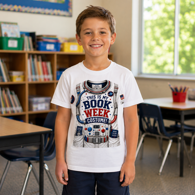 A young boy stands in a classroom wearing a white graphic t-shirt that reads 'THIS IS MY BOOK WEEK COSTUME!' with a space astronaut design. The background shows bookshelves, desks, and a window.