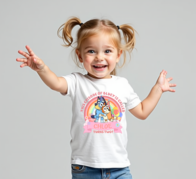 Custom Bluey birthday t-shirt – add your child’s name and age for a fun episode title design