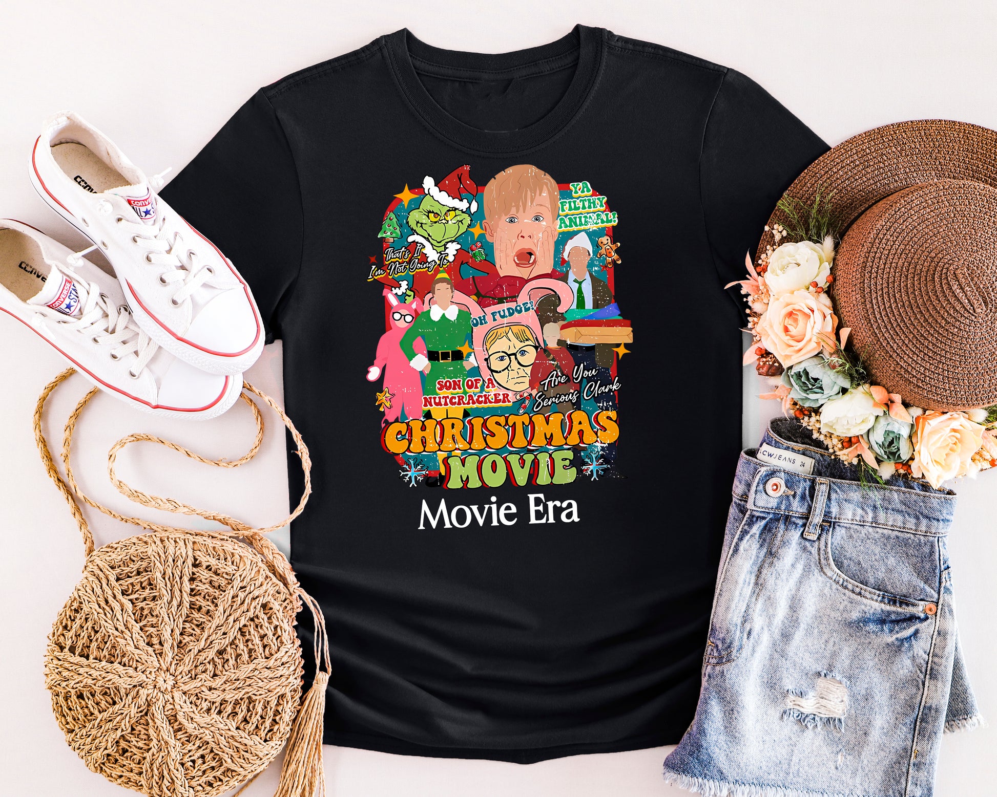 Retro holiday movie night graphic tee for men, women, and teens