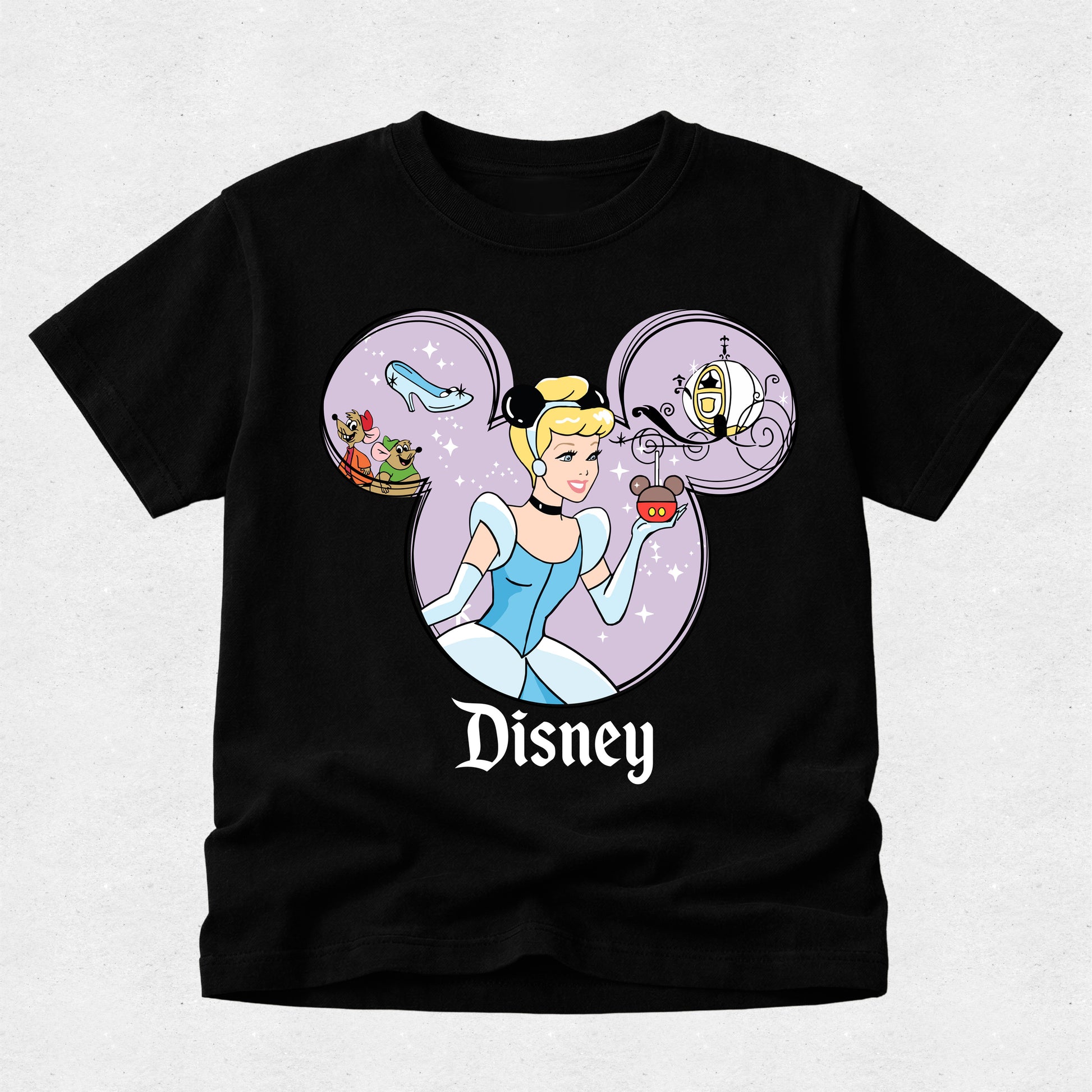Black t-shirt with Disney character design featuring Cinderella and Mickey Mouse ears on a light gray background.