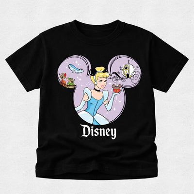 Black t-shirt with Disney character design featuring Cinderella and Mickey Mouse ears on a light gray background.