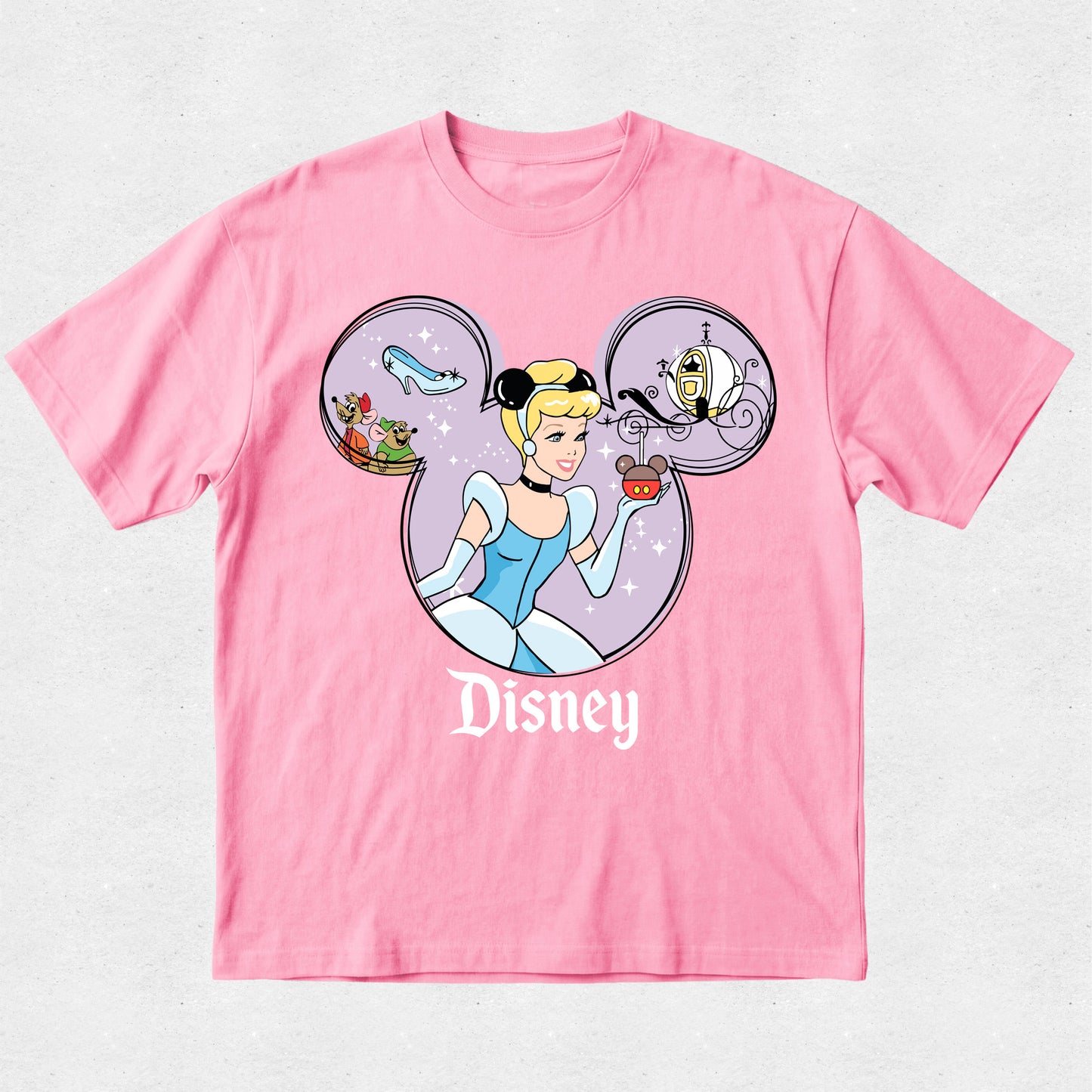 Pink t-shirt with Disney character design on a light gray background