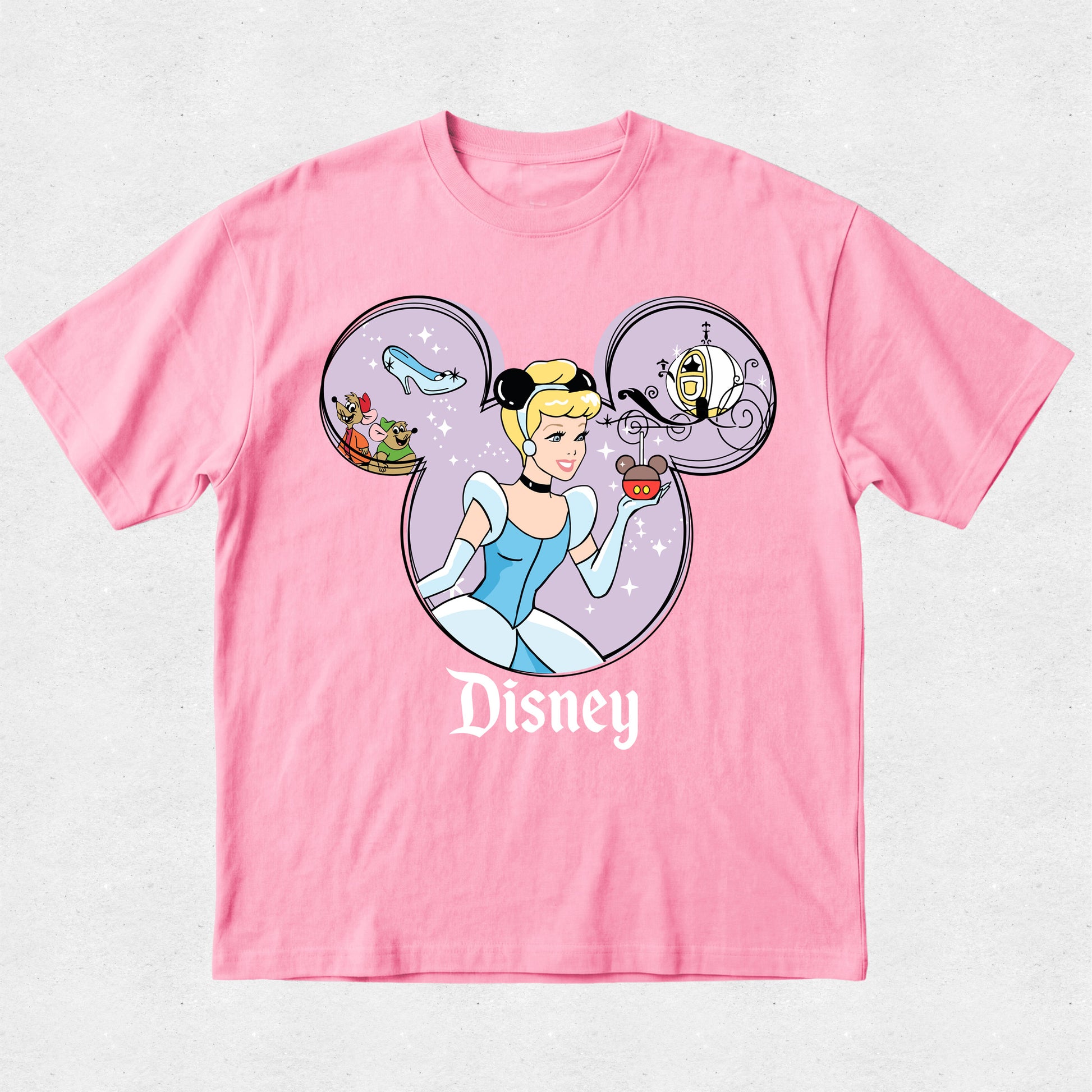 Pink t-shirt with Disney character design on a light gray background