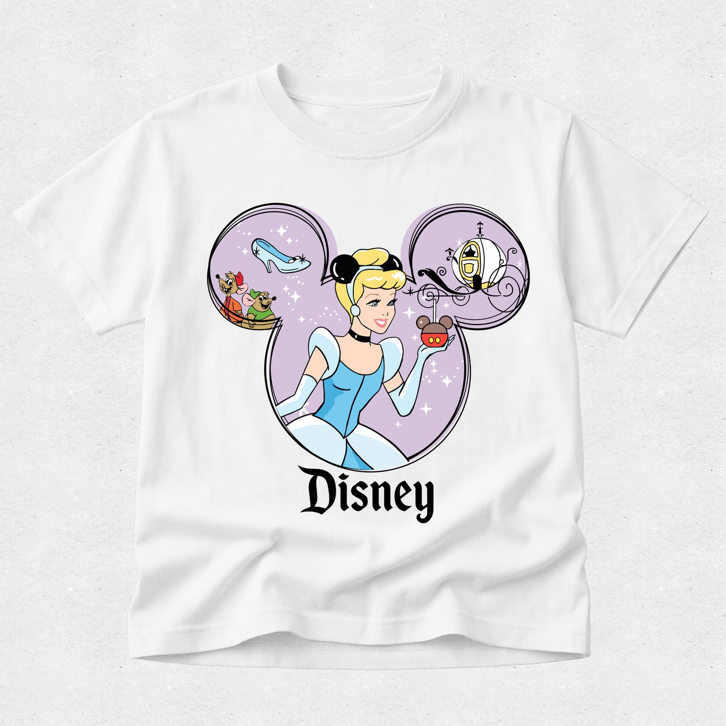 White t-shirt with Disney character design featuring Cinderella and iconic elements on a white background