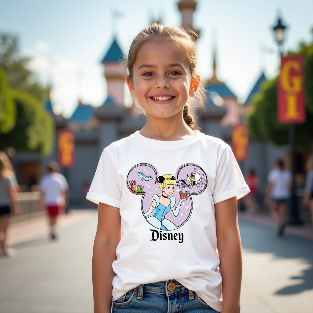 Young girl wearing a Disney-themed t-shirt with a castle in the background