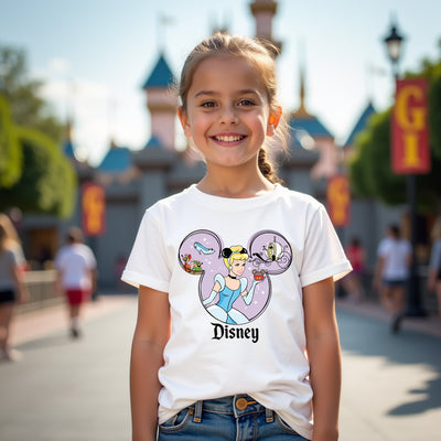 Young girl wearing a Disney-themed t-shirt with a castle in the background