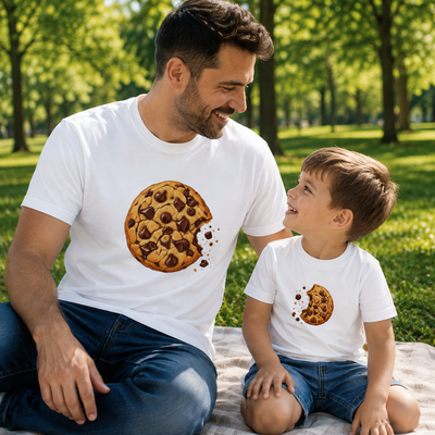 A man and a young boy sitting together on a blanket in a sunny park, wearing matching white t-shirts with a chocolate chip cookie graphic on the front.