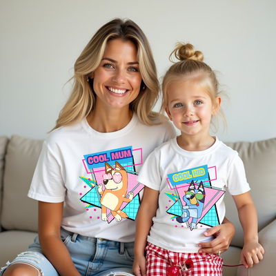 Cool Dad, Cool Mum & Cool Kid Bluey inspired matching family t-shirts front view