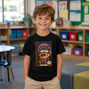A smiling young boy stands in a classroom wearing a black t-shirt with a colorful 'Cowboy Adventure' graphic print on the front, paired with khaki pants.