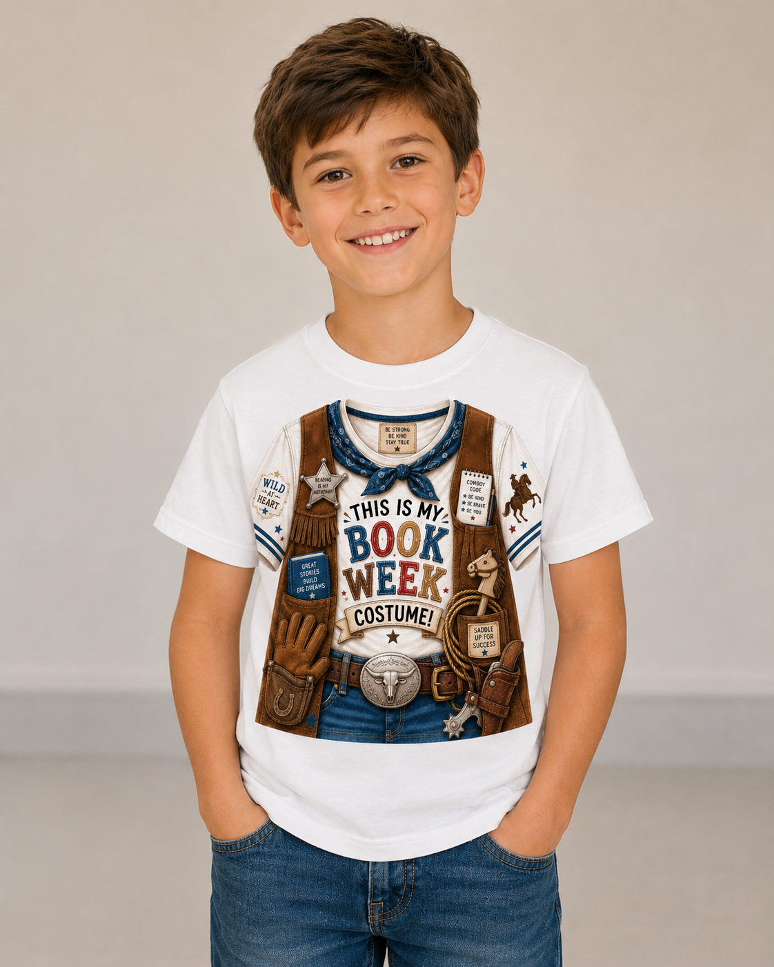 A smiling young boy wearing a white crewneck t-shirt with a colorful graphic of a cowboy costume vest and the text 'THIS IS MY BOOK WEEK COSTUME!', paired with blue jeans, set against a plain light gray studio background.