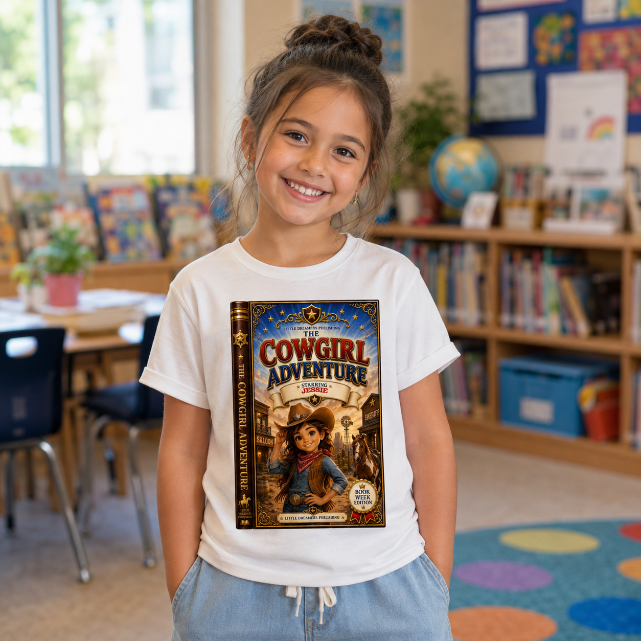 A young girl with her hair in a bun stands in a bright classroom wearing a white t-shirt with a large graphic print of the book cover 'The Cowgirl Adventure Series 1'.