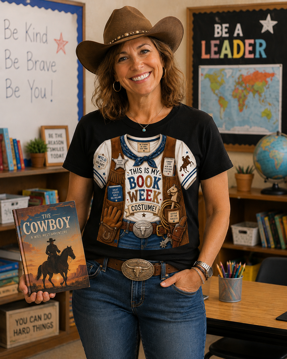 A smiling woman wearing a brown cowboy hat, a graphic t-shirt with a cowboy costume print, and blue jeans stands in a classroom setting holding a book titled 'The Cowboy and the Book Club'.