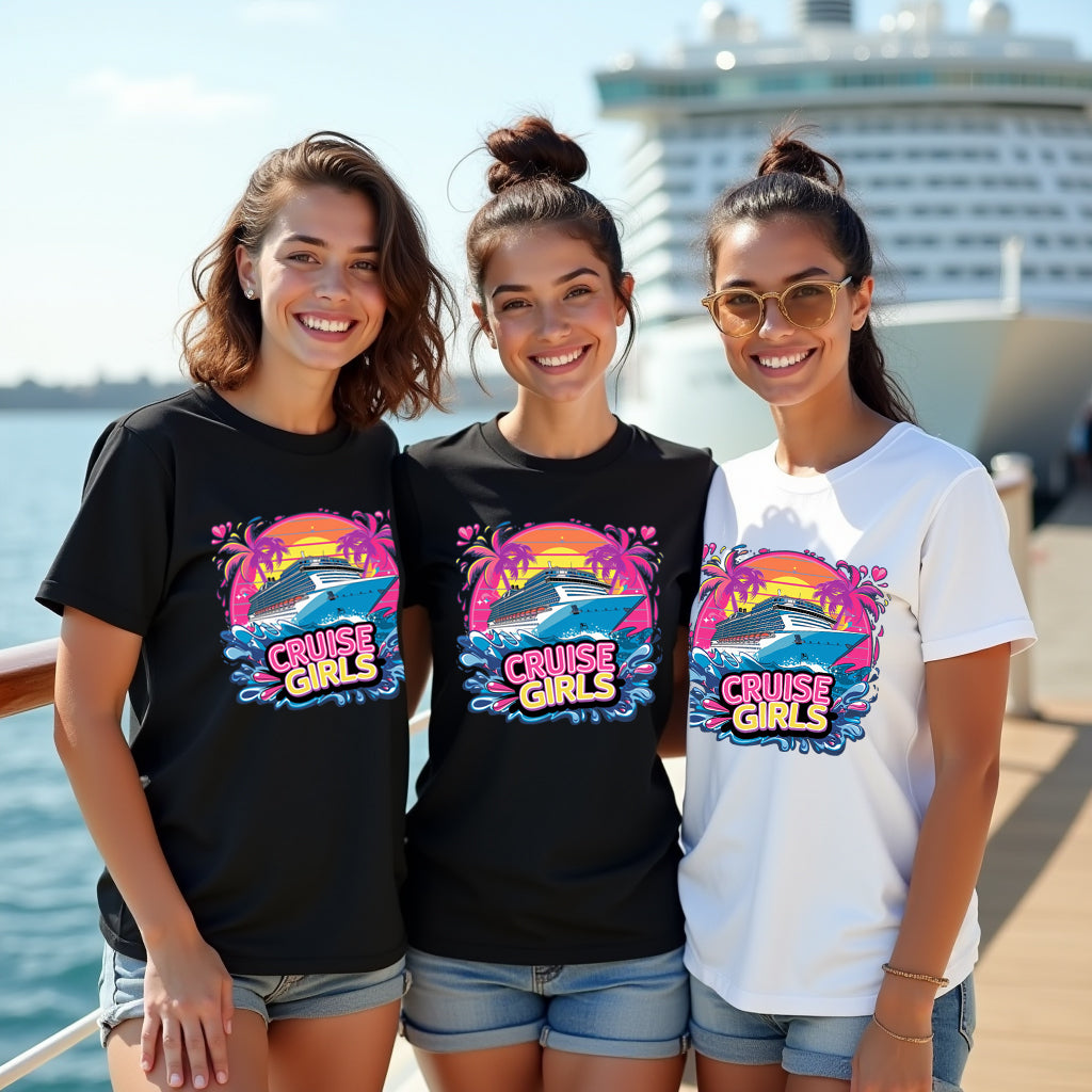 Three women wearing 'Cruise Girls' t-shirts on a boat with a cruise ship in the background.