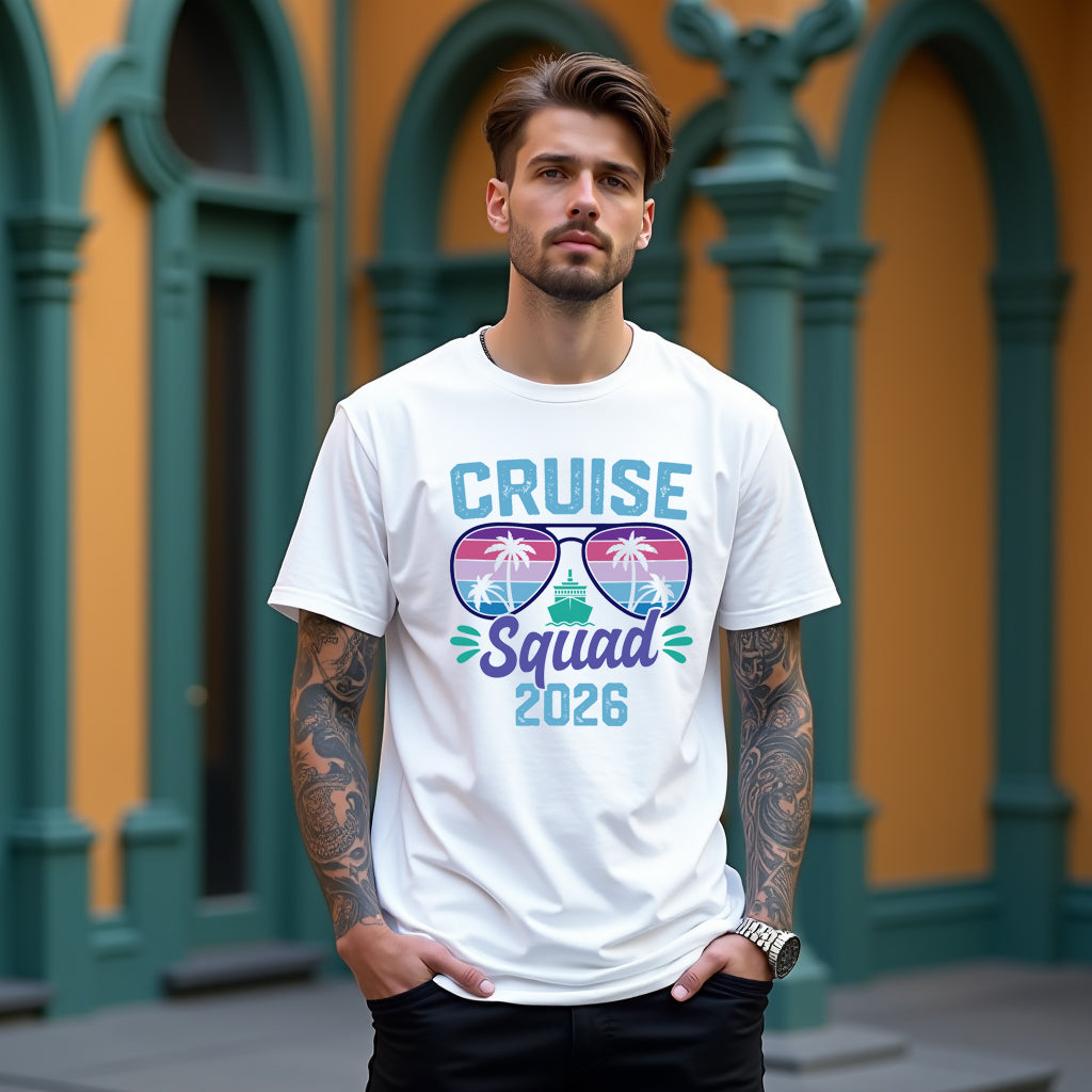 Unisex short sleeve family vacation t-shirt with sunset design, perfect for cruise group photos