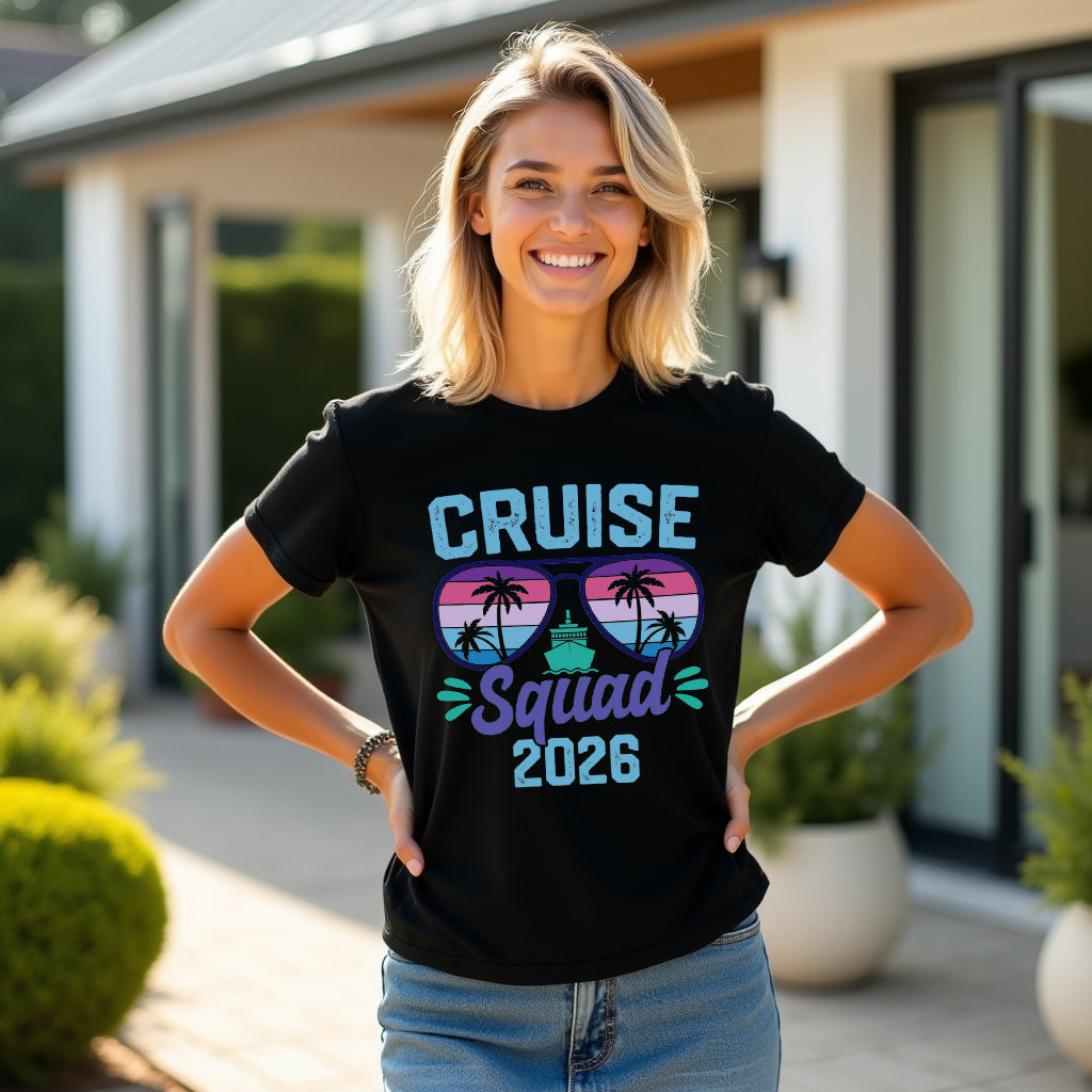 Pink sunset themed Cruise Mode t-shirt for family travel and holidays