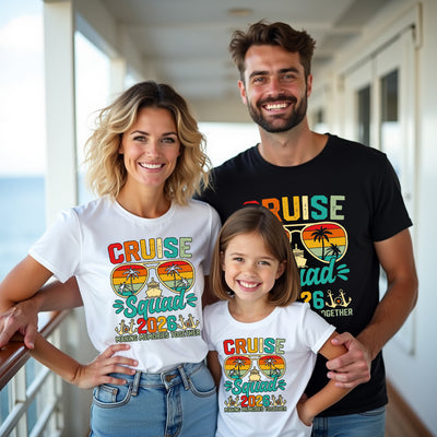 Family of three wearing matching 'Cruise Squad 2026' t-shirts on a boat.