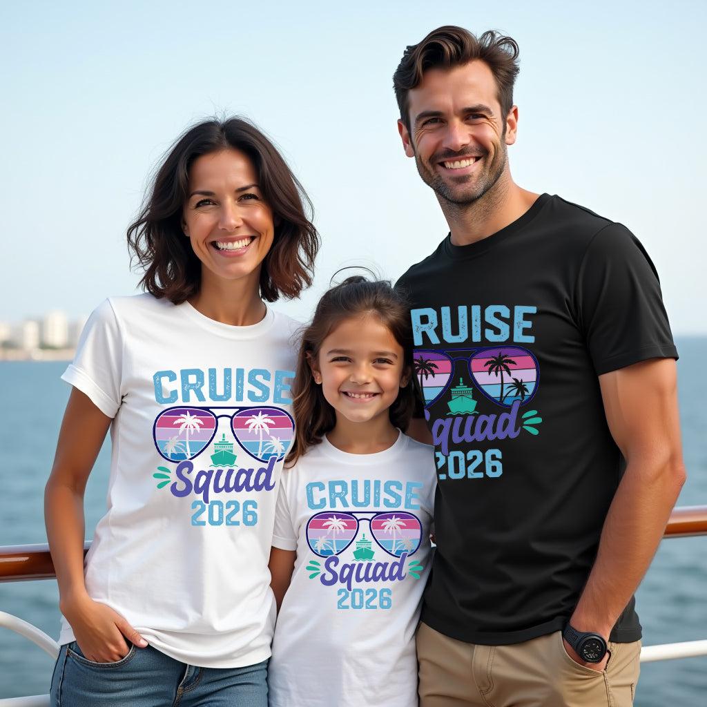 family of 3 wearing cruise squad tshirts