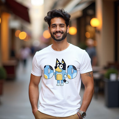 Men’s t-shirt inspired by Bandit from Bluey, playtime edition for dads.