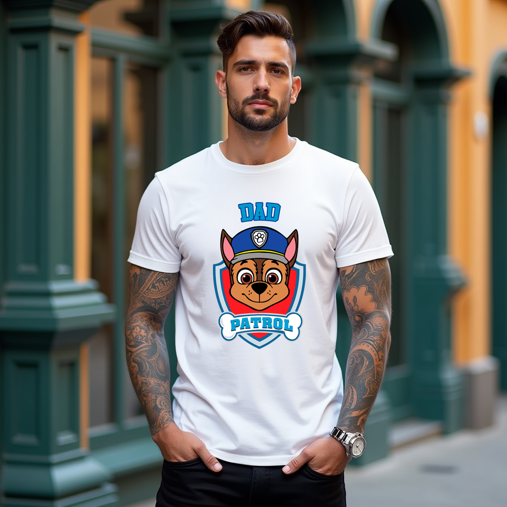 Man wearing a white t-shirt with a graphic design of a dog in a police uniform and text 'Dad Patrol' against a blurred street background.