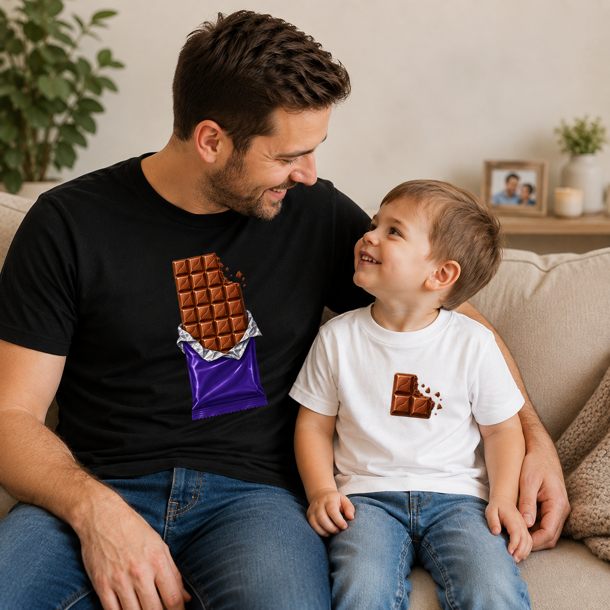 A man and a young boy sitting together on a beige couch, both wearing matching black and white graphic t-shirts featuring a chocolate bar design with a purple wrapper.