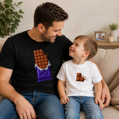 A man and a young boy sitting together on a beige couch, both wearing matching black and white graphic t-shirts featuring a chocolate bar design with a purple wrapper.