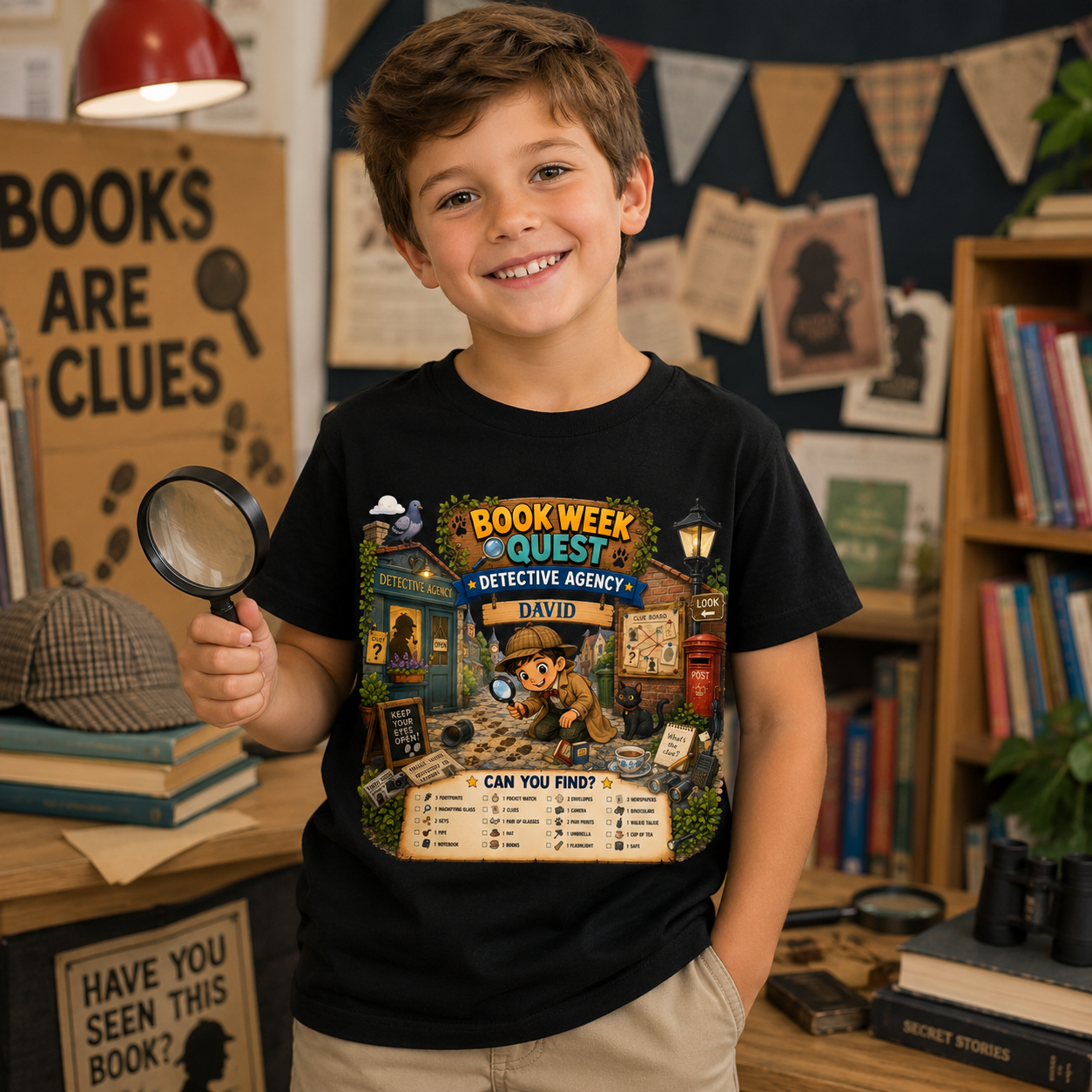 A smiling young boy stands in a cozy book-filled room wearing a black graphic T-shirt. The shirt features a colorful detective-themed print reading 'Book Week Quest Detective Agency' with an illustration of a mouse in a hat and a case file.