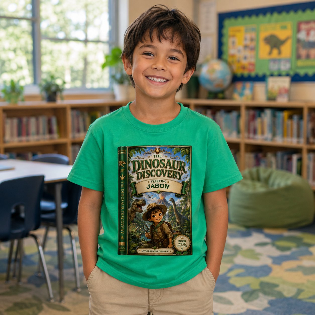 A smiling young boy stands in a classroom wearing a bright green t-shirt with a large graphic print of the book 'The Dinosaur Discovery of Jason'. The background shows bookshelves, a globe, and a bean bag.