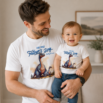 A smiling man and baby wearing matching white graphic T-shirts with a blue 'Our First Father's Day' print and a dinosaur illustration, posed indoors with a neutral background.