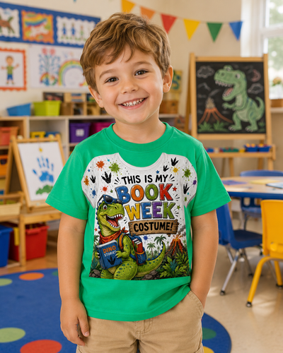 A young boy smiling in a colorful children's classroom, wearing a bright green graphic t-shirt that reads 'THIS IS MY BOOK WEEK COSTUME!' with a dinosaur illustration.
