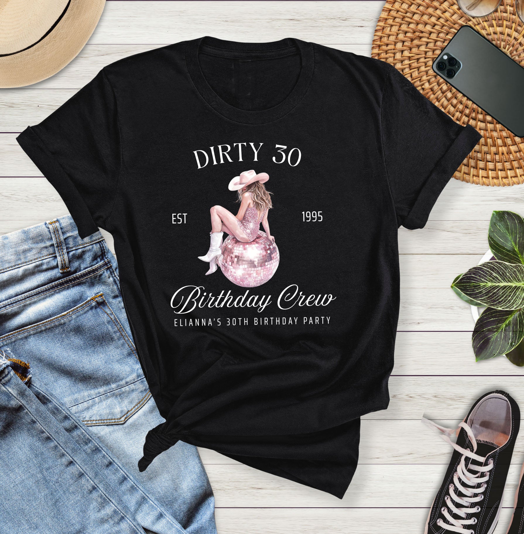 Flat lay of Dirty 30 Birthday Girl & Crew t-shirt