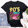 Flat lay of 90’s gold Disco Queen t-shirt with bold retro lettering and pink disco theme design