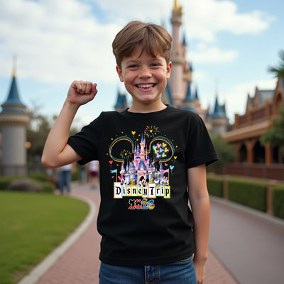 Close-up of castle design on Wishes & Wonder Family Trip t-shirt