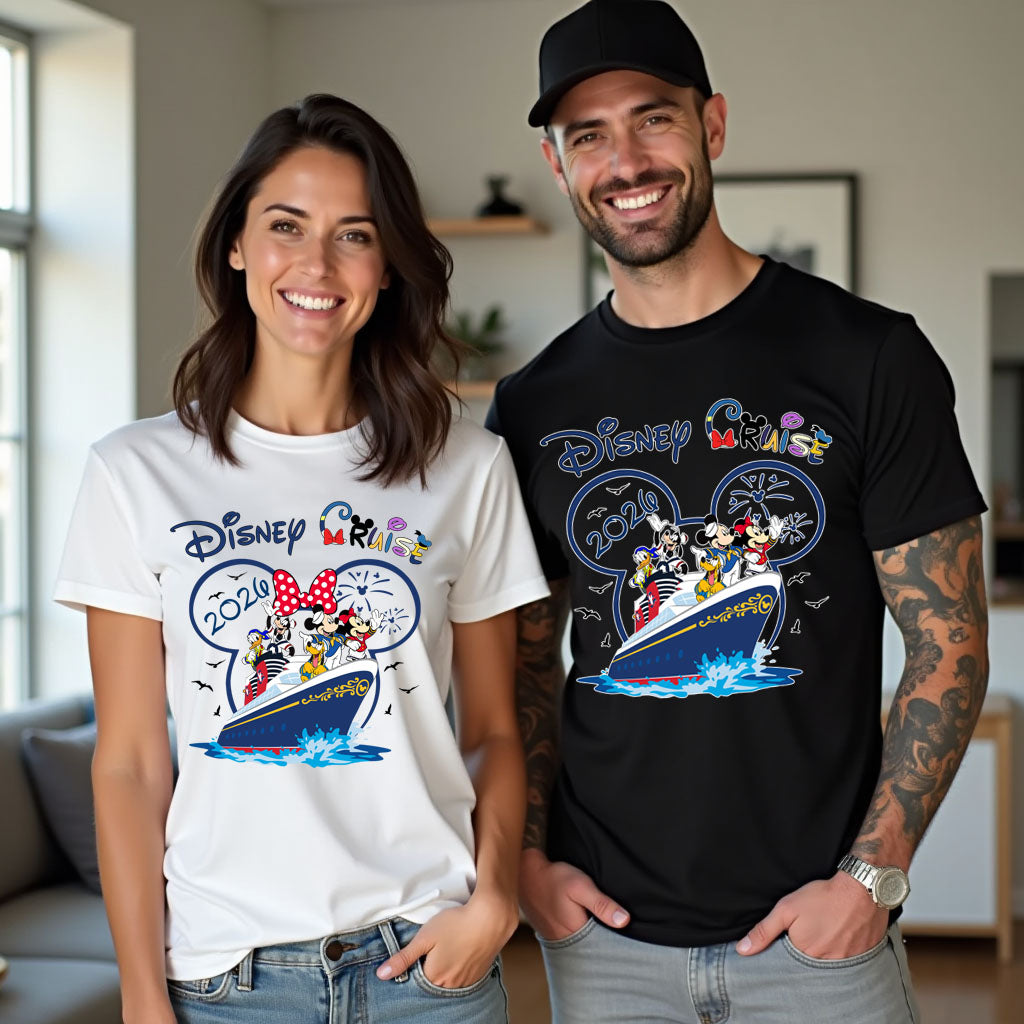man and woman wearing matching disney cruise tshirts for holiday