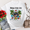 White t-shirt with Disney Cruise Line graphic featuring cartoon characters, surrounded by a bouquet of red roses and a handbag.
