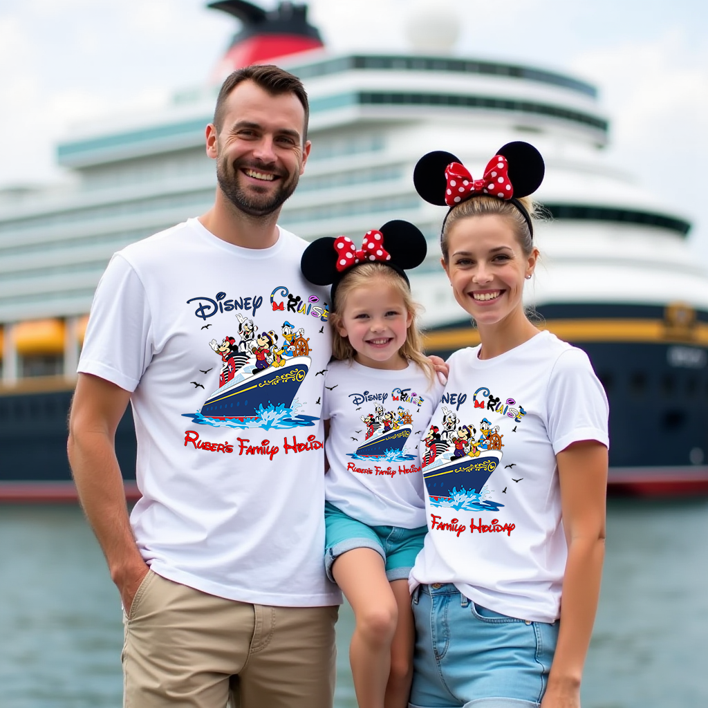 Family of three wearing matching Disney Family Vacation shirts with a cruise ship in the background.