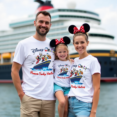 Family of three wearing matching Disney Family Vacation shirts with a cruise ship in the background.