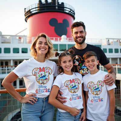 Family of four wearing Disney-themed shirts in front of a cruise ship with a Mickey Mouse head.