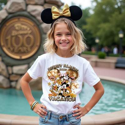 Child wearing a Disney-themed t-shirt and Mickey Mouse ears in front of a Disney landmark.