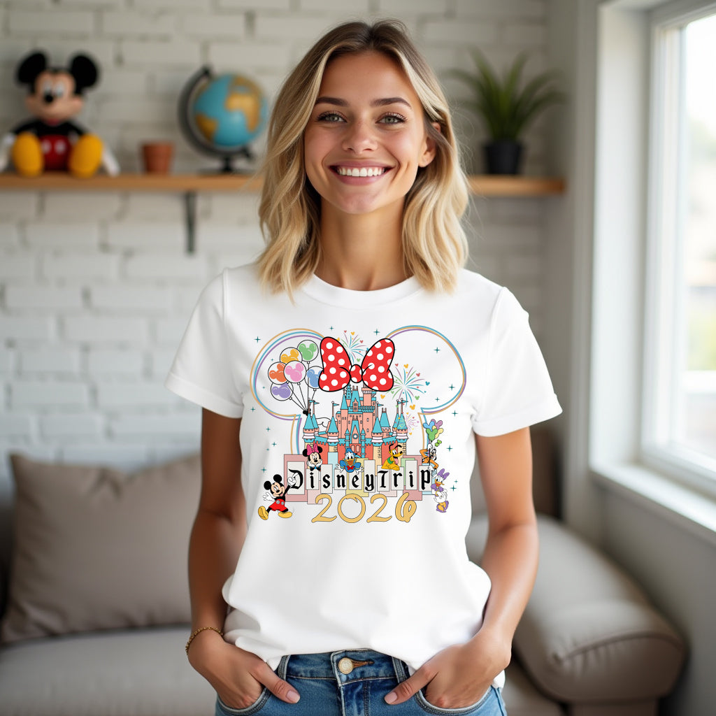 Woman wearing a white t-shirt with Disney-themed design in a living room.