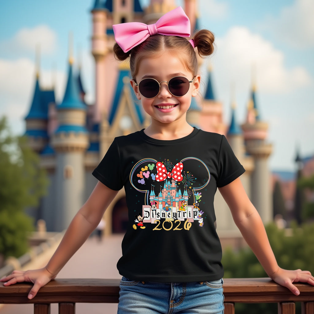 Young girl wearing a black t-shirt with Disney 2026 design in front of a castle.